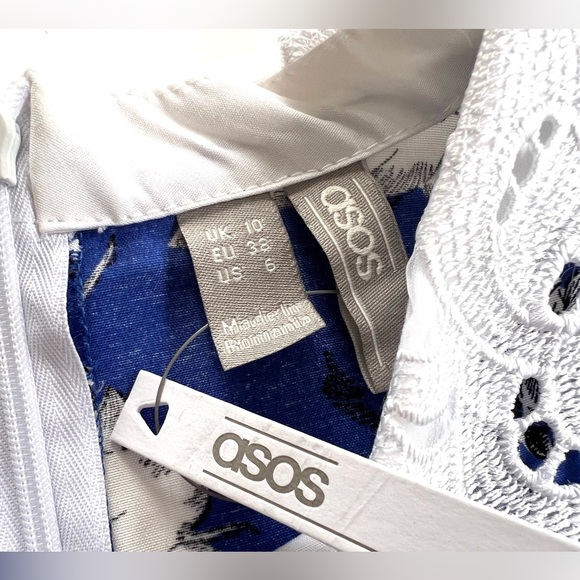 ✨NWT✨ ASOS FLORAL MINI DRESS LACE COLLAR LONGSLEEVE BLUE WHITE BLACK SIZE 6 - Picture 4 of 13